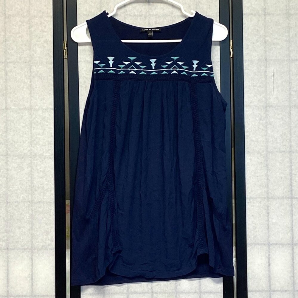 Cable Gauge Navy Embroidered Yoke Boho Lace Trim Crinkle Gauze Sleeveless Top M
